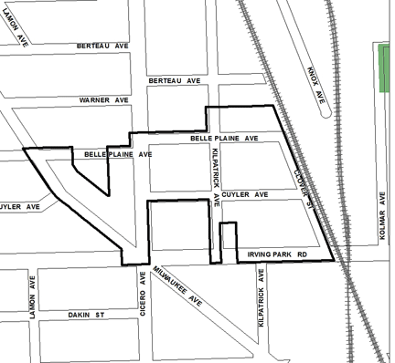 Irving/Cicero TIF district, roughly bounded on the north by Belle Plaine Avenue, Irving Park Road on the south, Clover Street on the east, and Milwaukee Avenue on the west.
